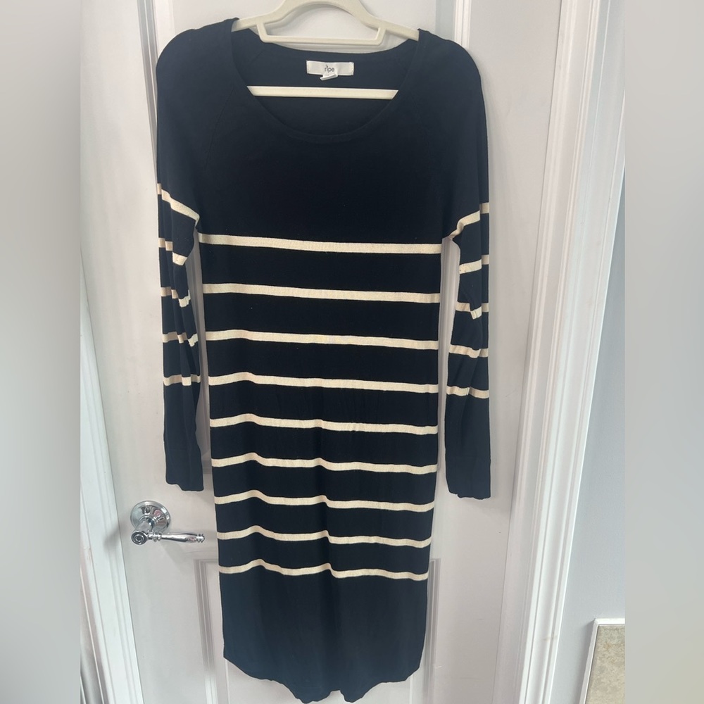 Ripe Maternity Black and Cream Striped Knit Maternity Dress